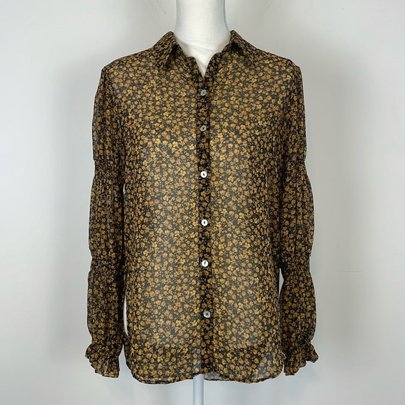Zara Yellow and Black Ditsy Floral Button Up Ruched Sleeve Blouse. Size Small. - Picture 2 of 11